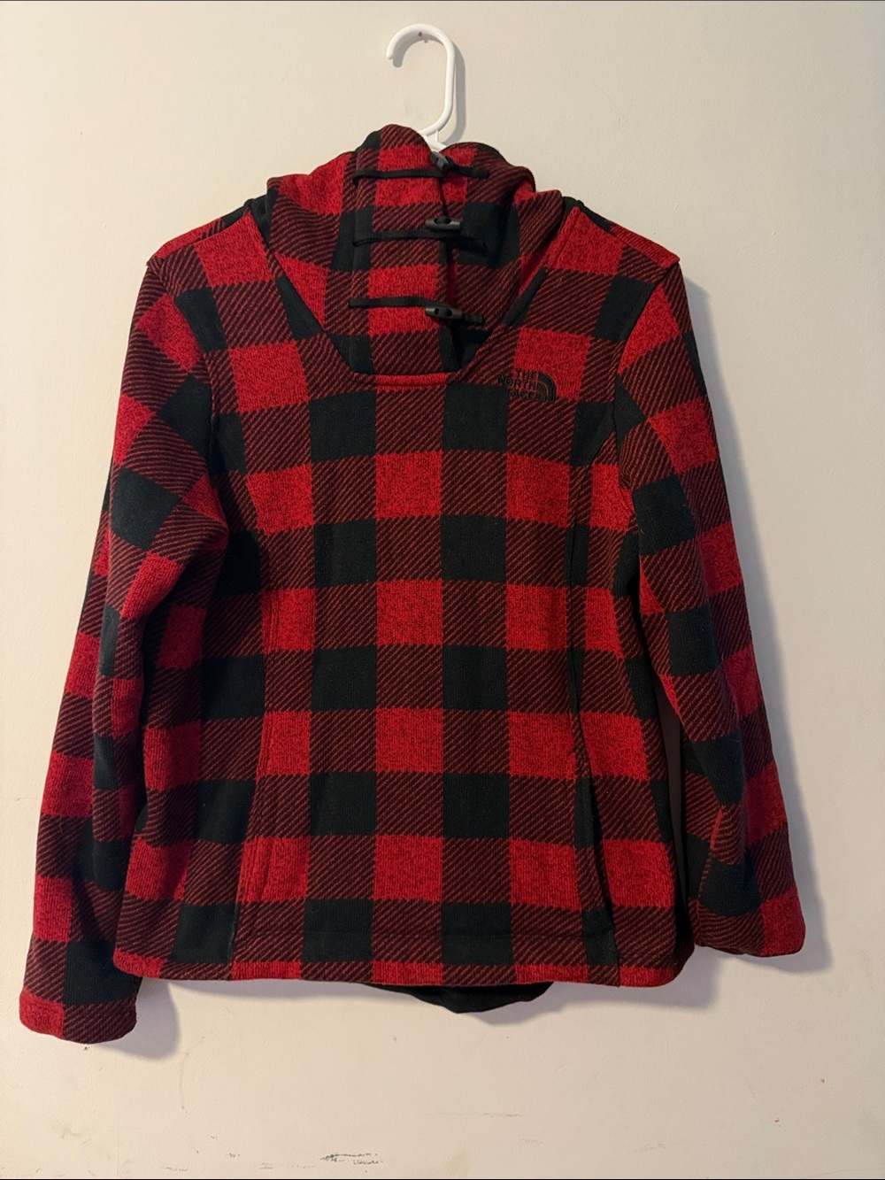 The North Face women Red & Black Buffalo Plaid Hooded Pea Coat